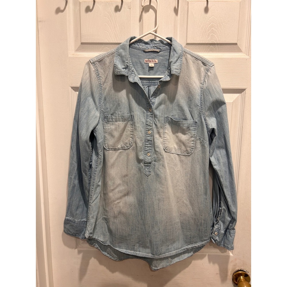 Merona Womens Light Wash Blue Chambray Cotton Long Sleeve Henley Shirt Large L